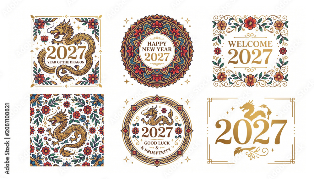 Fototapeta premium 2027 happy new year dragon emblem collection and floral borders with illustration ornamental decorative celebration greeting tradition mythical prosperity oriental template festivities