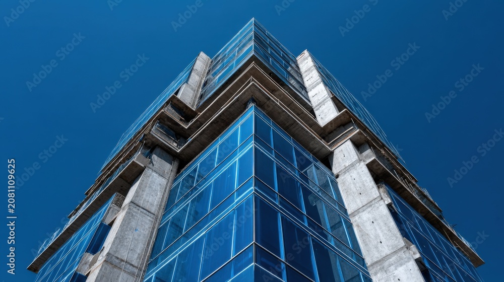 Fototapeta premium Modern Skyscraper Facade with Blue Glass Windows Against a Clear Blue Sky