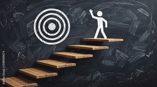 Wooden stpic ascend dark blackboard towards chalk target. Stick figure waves from top step, symbolizing success and achieving goals on unique journey. This image inspires ambition and progress.