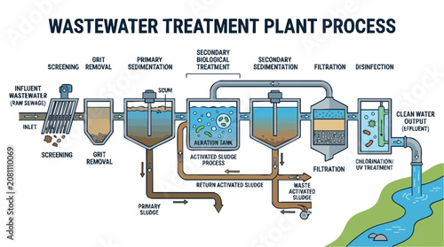Wastewater Treatment Plant Process Diagram Vector Illustration