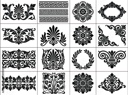 Set of vintage black and white ornamental design elements