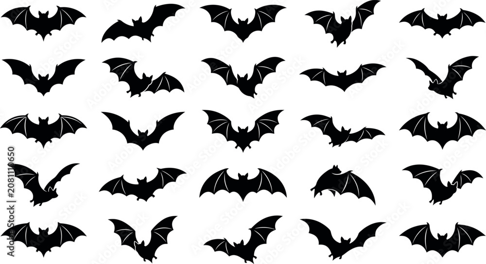 Fototapeta premium Flock of bats flying in dark night sky for Halloween spooky background 