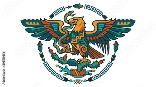 Mexican Eagle and Snake Emblem Aztec Style Vector Illustration