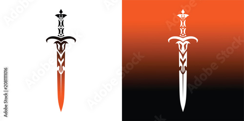 Tableau sur toile Medieval Sword Logo Vector Tribal Fantasy Blade Weapon Emblem Knight Symbol Desi
