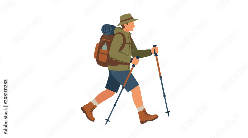 Fototapeta premium Man hiking with backpack and trekking poles on white background