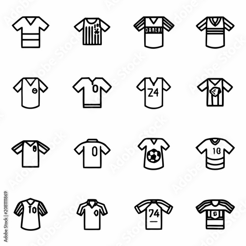 Collection of various sport jersey shirt icons in outline style with clothing football collection template activity tournament pictogram minimalist isolated branding supporter competition