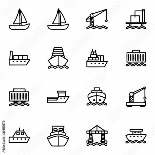 Maritime shipping and port logistics icon set featuring various cargo vessels and cranes shipping maritime logistics transport collection container delivery navigation industry industrial