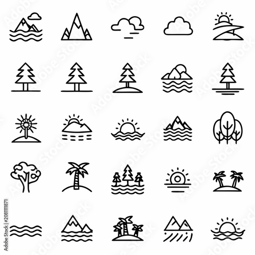Nature and outdoor landscape icon collection featuring mountains trees and sunsets landscape mountains environment collection wilderness adventure coniferous minimalist isolated pictogram