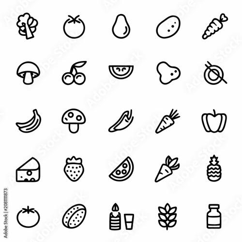 Healthy food and fresh produce icon set featuring fruits vegetables and ingredients vegetable nutrition ingredient collection agriculture delicious vegetarian breakfast mushroom strawberry