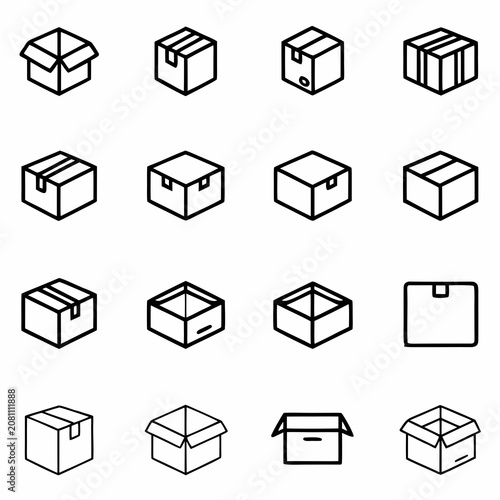 Packaging and delivery cardboard box icon set for logistics and warehouse management with packaging delivery logistics shipping cardboard warehouse collection container shipment transport