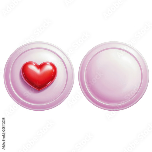 Two circular light pink buttons or icons, one featuring a glossy 3D red heart symbol and the other blank, isolated, UI elements for web design or mobile apps.