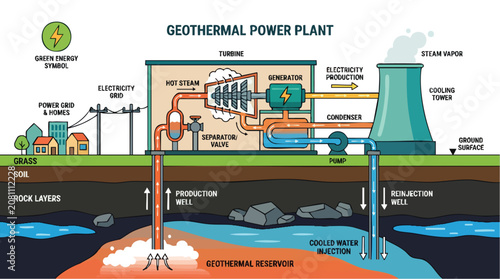 Geothermal Power Plant Infographic for Renewable Energy Process