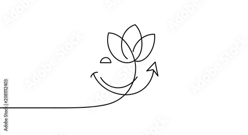 Minimalist flower face with arrow and smile, simple line art