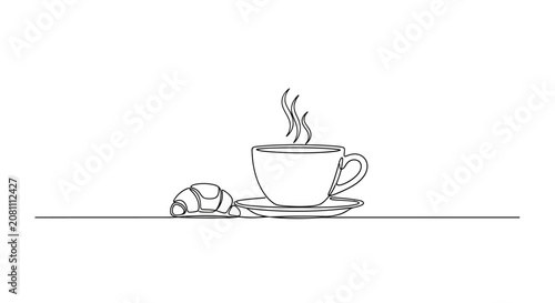 Hand-drawn coffee cup with steam and croissant on a line, simple breakfast illustration