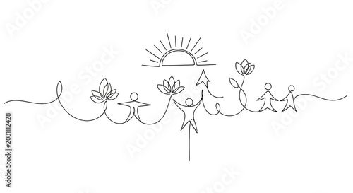 Minimalist Line Art: People, Nature, Sunrise Symbolizing Growth, Unity, Hope