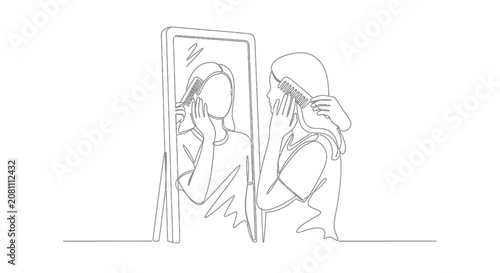 Woman combing hair in mirror, continuous line art illustration