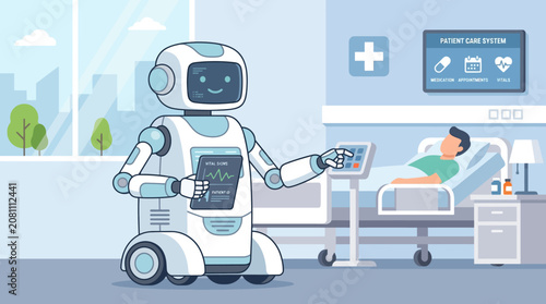 Medical Robot Assisting Patient in Hospital Room