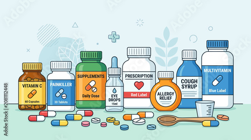 Medical Supplies and Medication Bottles Illustration