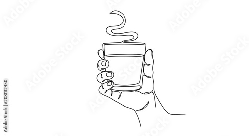 Hand holding a steaming glass of hot beverage, continuous line art