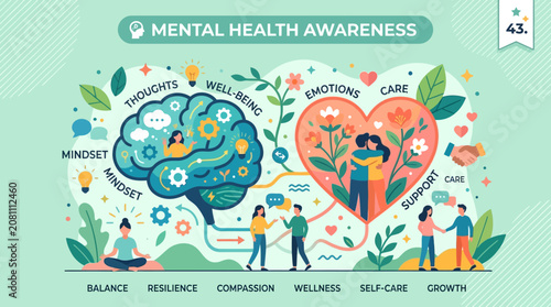 Mental Health Awareness Concept with Brain and Heart Illustration