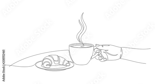 Hand holding a steaming coffee cup next to a croissant on a plate, minimalist line art.