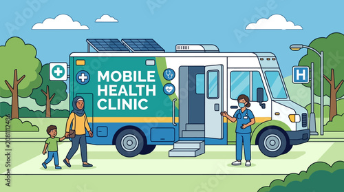 Mobile Health Clinic Van with Nurse and Patients