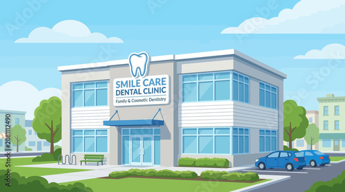 Modern Dental Clinic Building Exterior Flat Illustration