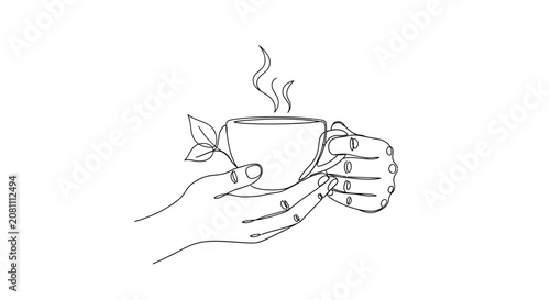 Hand holding steaming herbal tea cup with green leaf, line art illustration