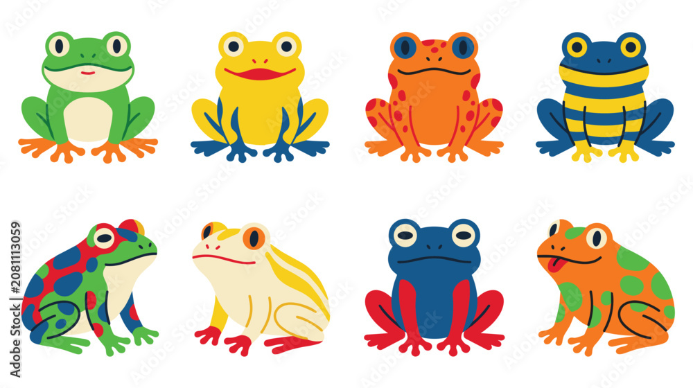 Fototapeta premium Cute cartoon frogs in various colors and patterns playful amphibian characters.