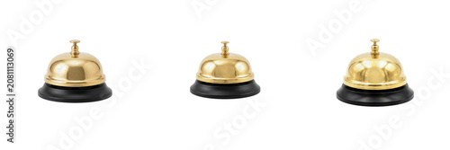Set of golden hotel reception desk service bell, hospitality concept isolated on transparent background, png.