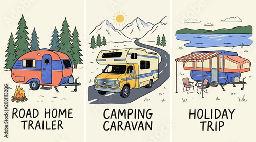 Vibrant Colorful Recreational Vehicle Motorhome Parked on Scenic Asphalt Road, Modern Caravan Mobile Home for Travel Lifestyle, Outdoor Adventure Trip, Wilderness Exploration Journey, Vanlife