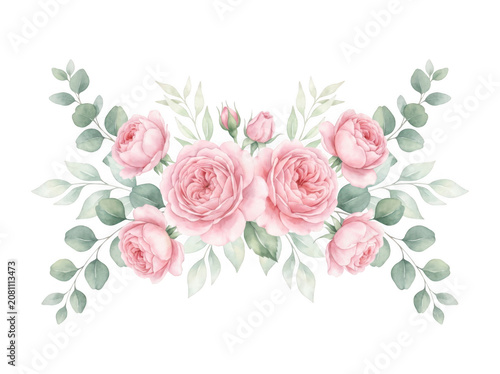 Watercolor pink rose flower bouquet with eucalyptus leaves as isolated on transparent background
