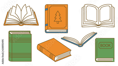 Fotografía Hardcover book collection showing open and closed states with evergreen tree icon on cover