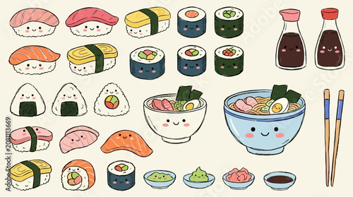 Bild auf Leinwand Comprehensive set of hand drawn adorable kawaii sushi character illustrations featuring colorful nigiri and maki rolls as isolated vector graphic elements for decorative creative design projects