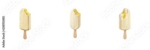 Set of white vanilla ice cream popsicle on a wooden stick with a bite taken out, sweet summer dessert isolated on transparent background, png.