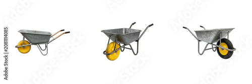 Set of metal garden wheelbarrow with single wheel, construction or agriculture tool isolated on transparent background, high quality png format.