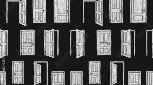 Tableau sur toile Set of diverse wooden doors in various states of being open closed and ajar showcasing a mysterious dark void behind each portal for conceptual architectural design and choice metaphors