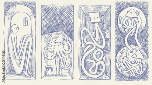 Foto Four surreal abstract entities with elongated limbs and tiny heads standing in a minimalist void, mysterious humanoid figures with weird anatomy and slender bodies in a creative concept