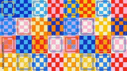 Foto Vibrant handdrawn vector illustration of abstract funky squares featuring colorful bright quirky geometric shapes and artistic creative patterns for modern decorative graphic design