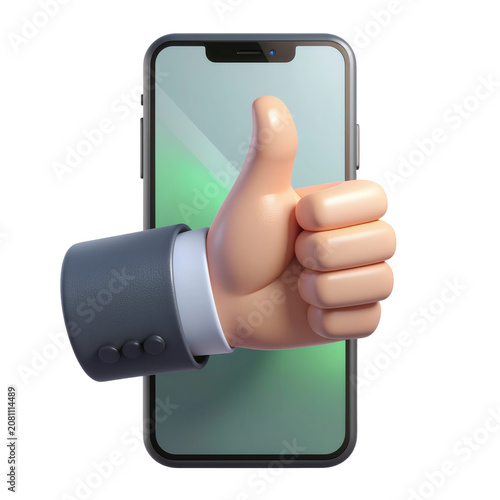 3D rendered cartoon hand giving a thumbs up emerging from a modern smartphone screen, representing approval, social media interaction, and mobile connectivity.
