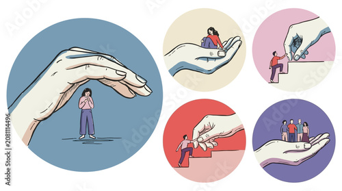 Tableau sur toile Surreal concept of giant hands manipulating and protecting tiny miniature people in a diverse set of metaphorical scenarios involving power dynamics and guardianship of human life