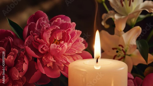Close up of a lit white candle beside vibrant pink and white flowers in a dark setting
