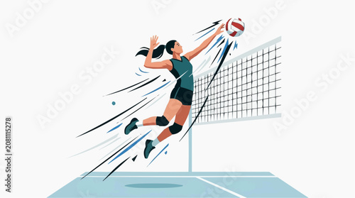 Volleyball Spike in Motion: An athletic female volleyball player executes a powerful spike over the net, depicted with dynamic motion lines indicating speed and force.