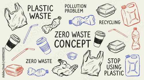 Obraz na plátně Environmental contamination of discarded single-use plastic waste and debris piles highlighting global pollution problem and the urgent necessity for sustainable recycling and zero waste lifestyle