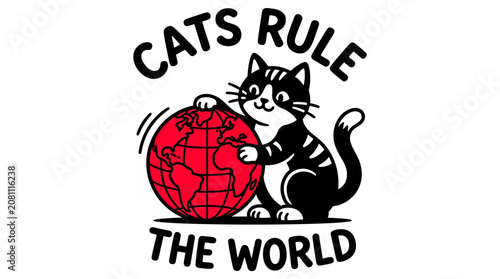 Foto Cute Cat Holding Red Globe, Text Cats Rule The World, White Background