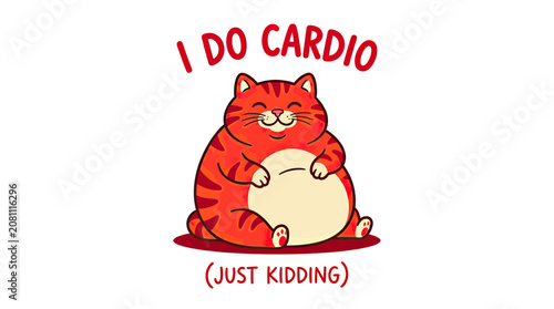 Bilde på lerret Funny fat cat says I do cardio, just kidding, cartoon illustration