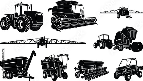 Konstfotografi Agricultural machinery and heavy farm vehicles black silhouettes set isolated on