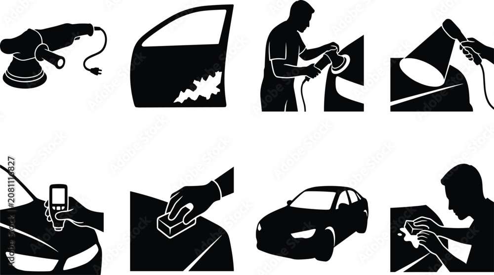 Obraz premium Car detailing and auto body repair service process black icons set isolated on white background vector