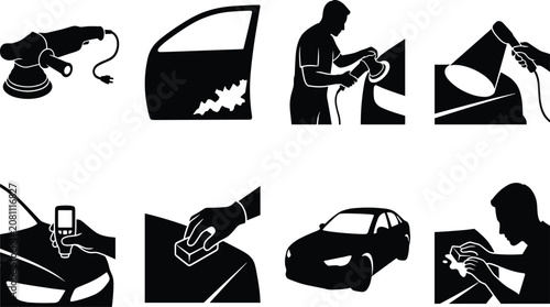 Cuadro en lienzo Car detailing and auto body repair service process black icons set isolated on w
