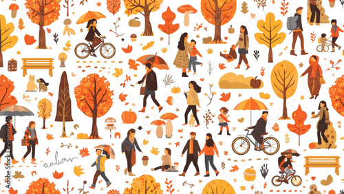 Quadro su tela Autumn season seamless pattern featuring people walking in park riding bicycles